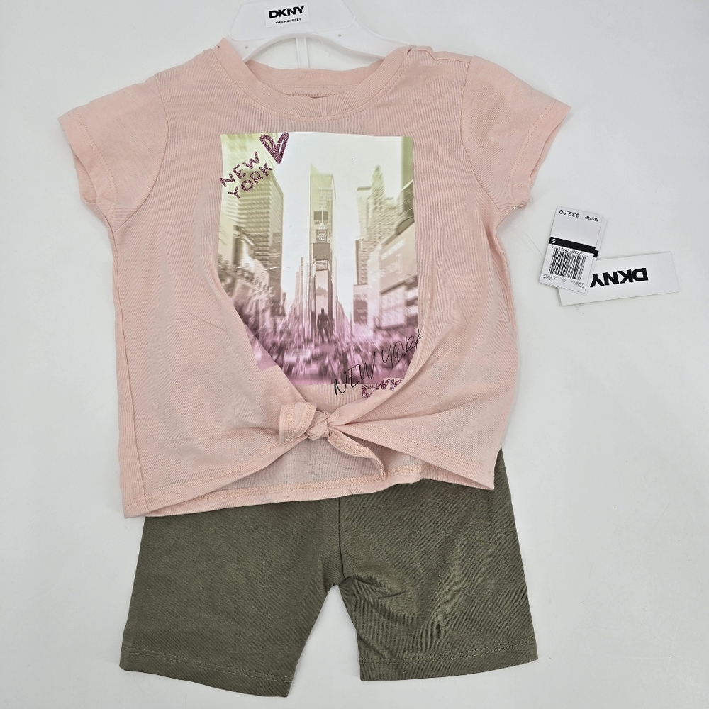 DKNY Girl's Pink Graphic Tee and Olive Shorts 2 Pc Set Size 5 NWT
